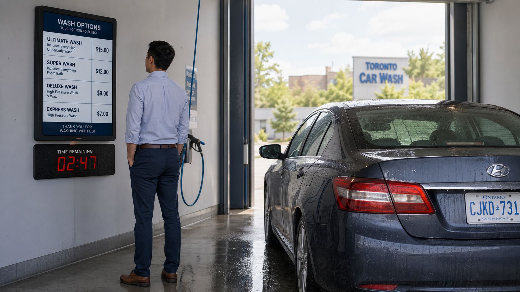 A man in a light blue shirt selecting options at a car wash kiosk in Toronto.