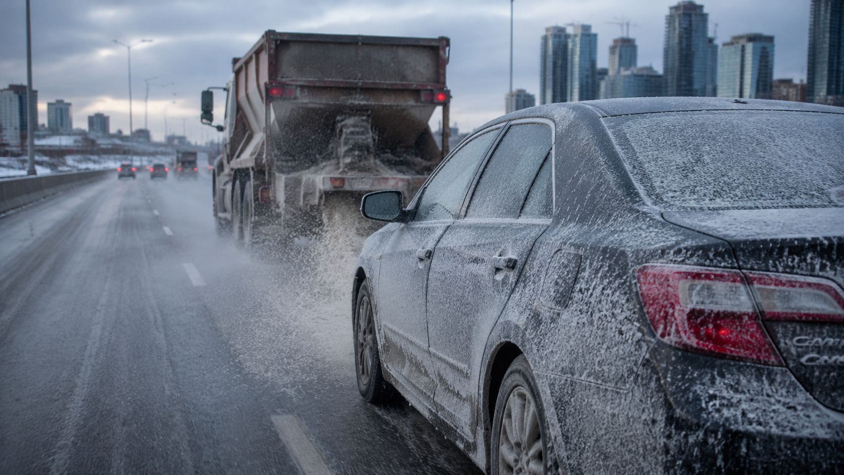 A car covered in road salt driving behind a salt truck on a snowy Toronto highway.