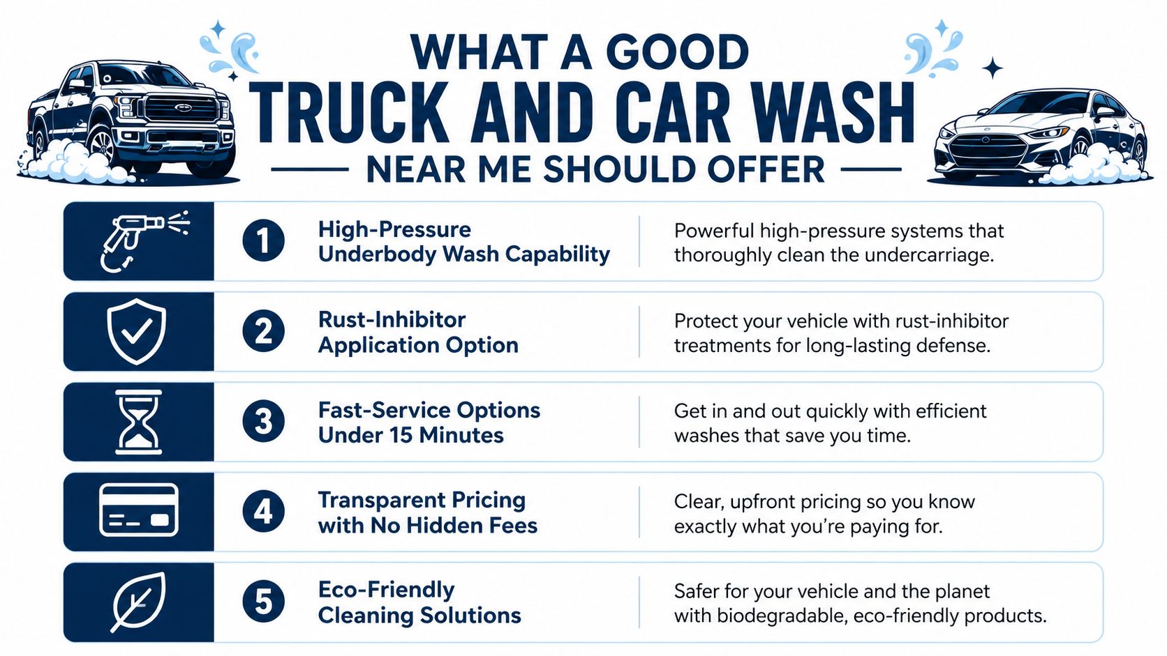 An infographic titled What a Good Truck and Car Wash Near Me Should Offer featuring five essential services.