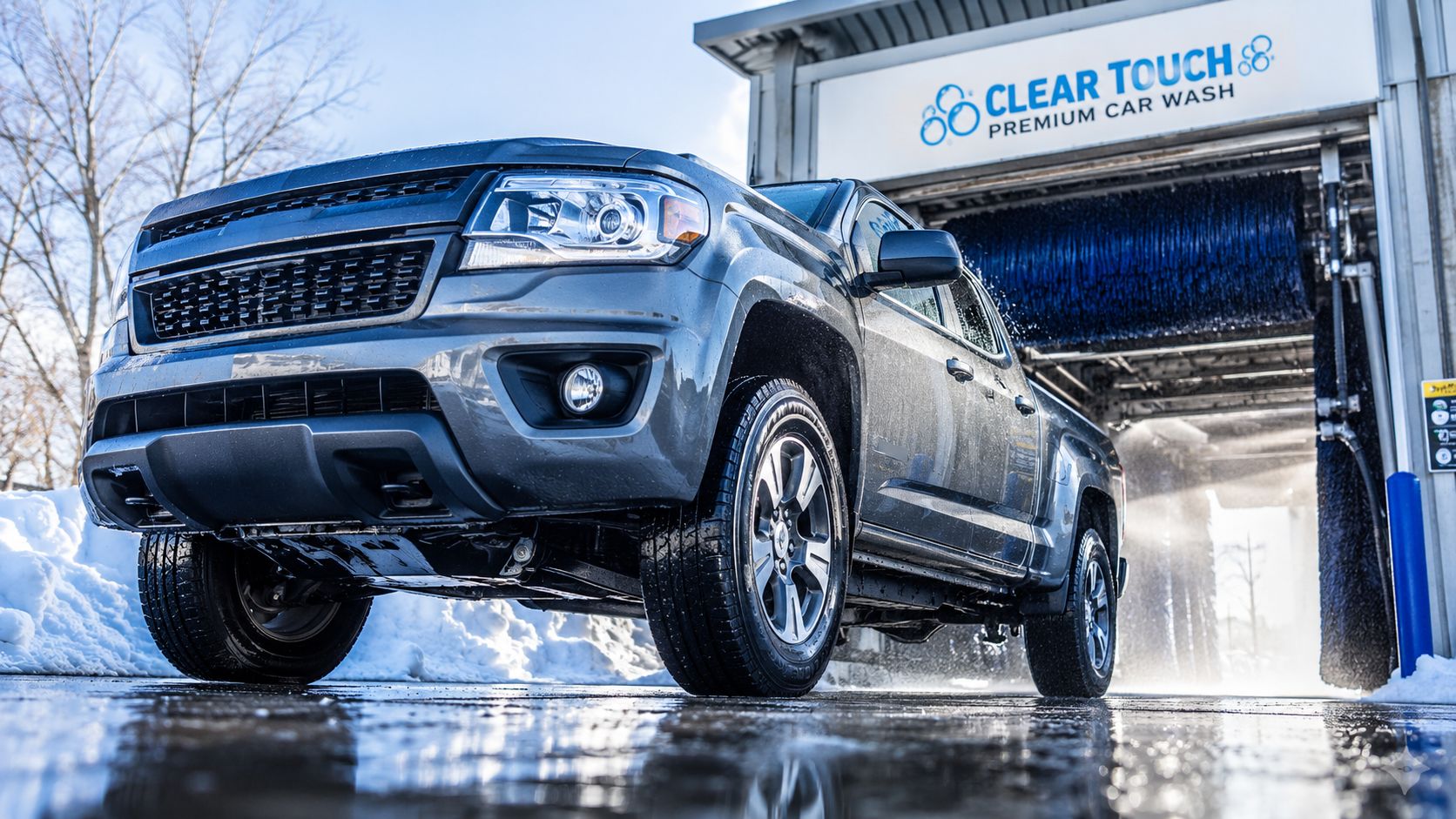 A modern grey pickup truck entering an automated Clear Touch car wash facility on a winter day.