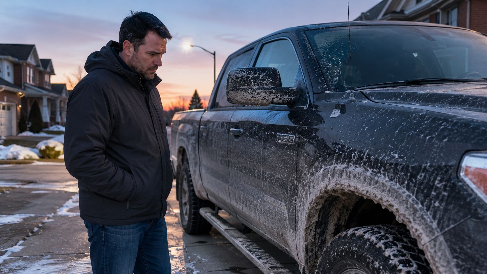 A man in a winter jacket stands outside looking at his very dirty black pickup truck.