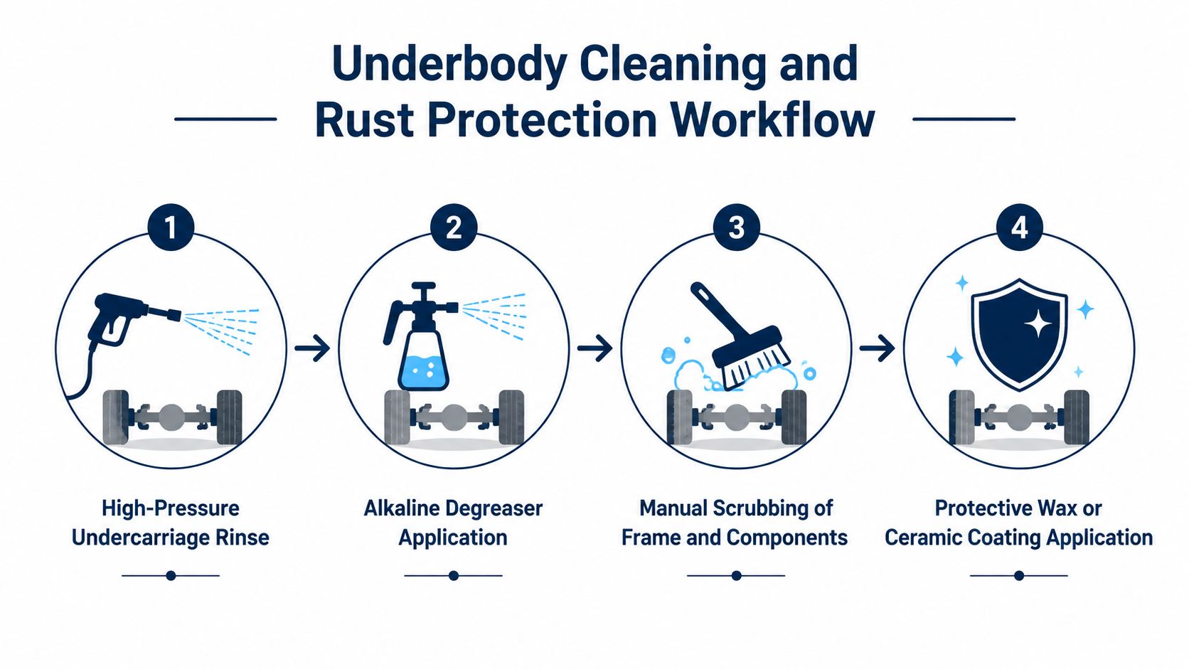 A four-step infographic illustrating the professional workflow for vehicle underbody cleaning and rust protection services.