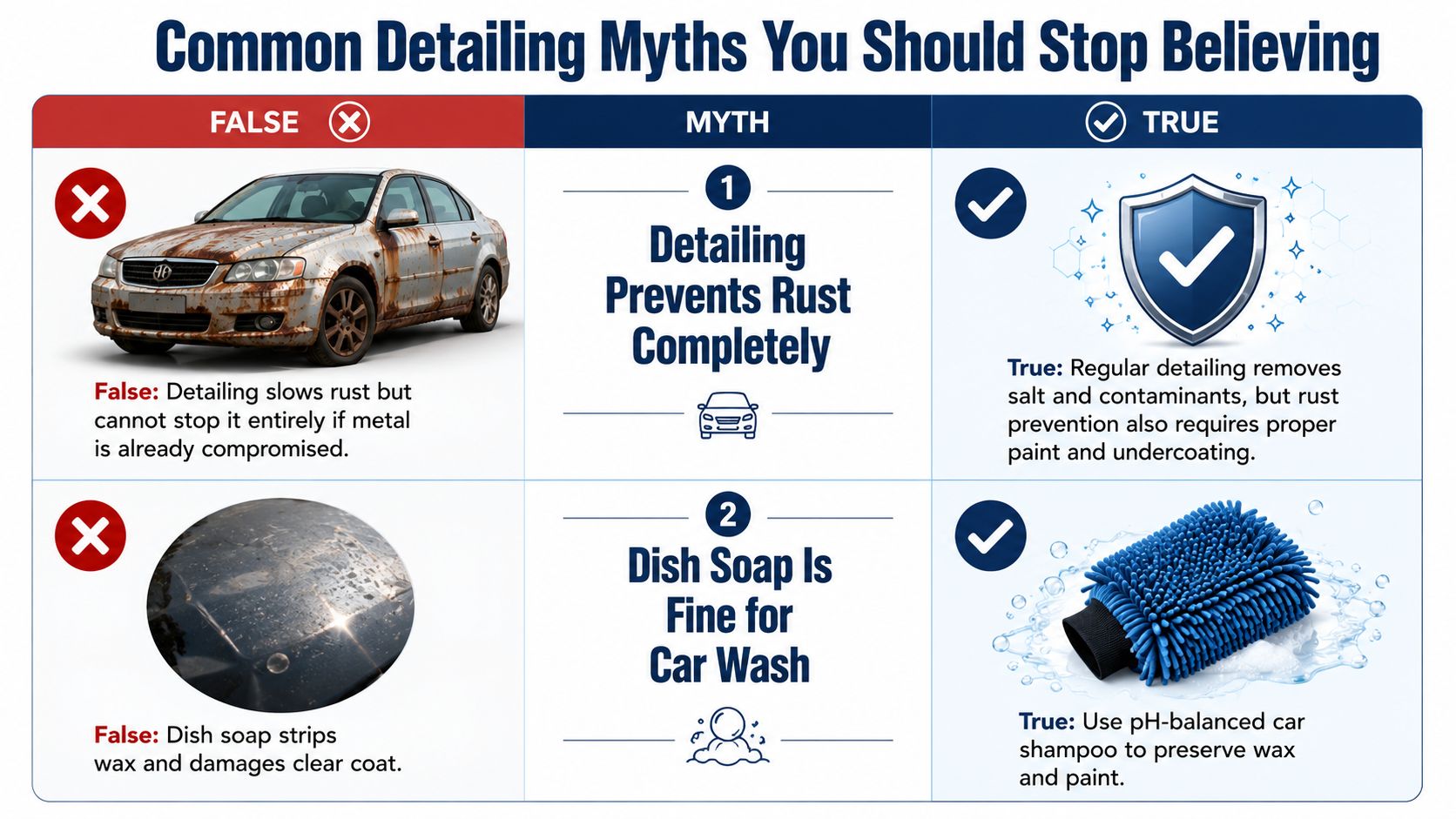 An infographic titled Common Detailing Myths You Should Stop Believing, explaining misconceptions about rust and dish soap.