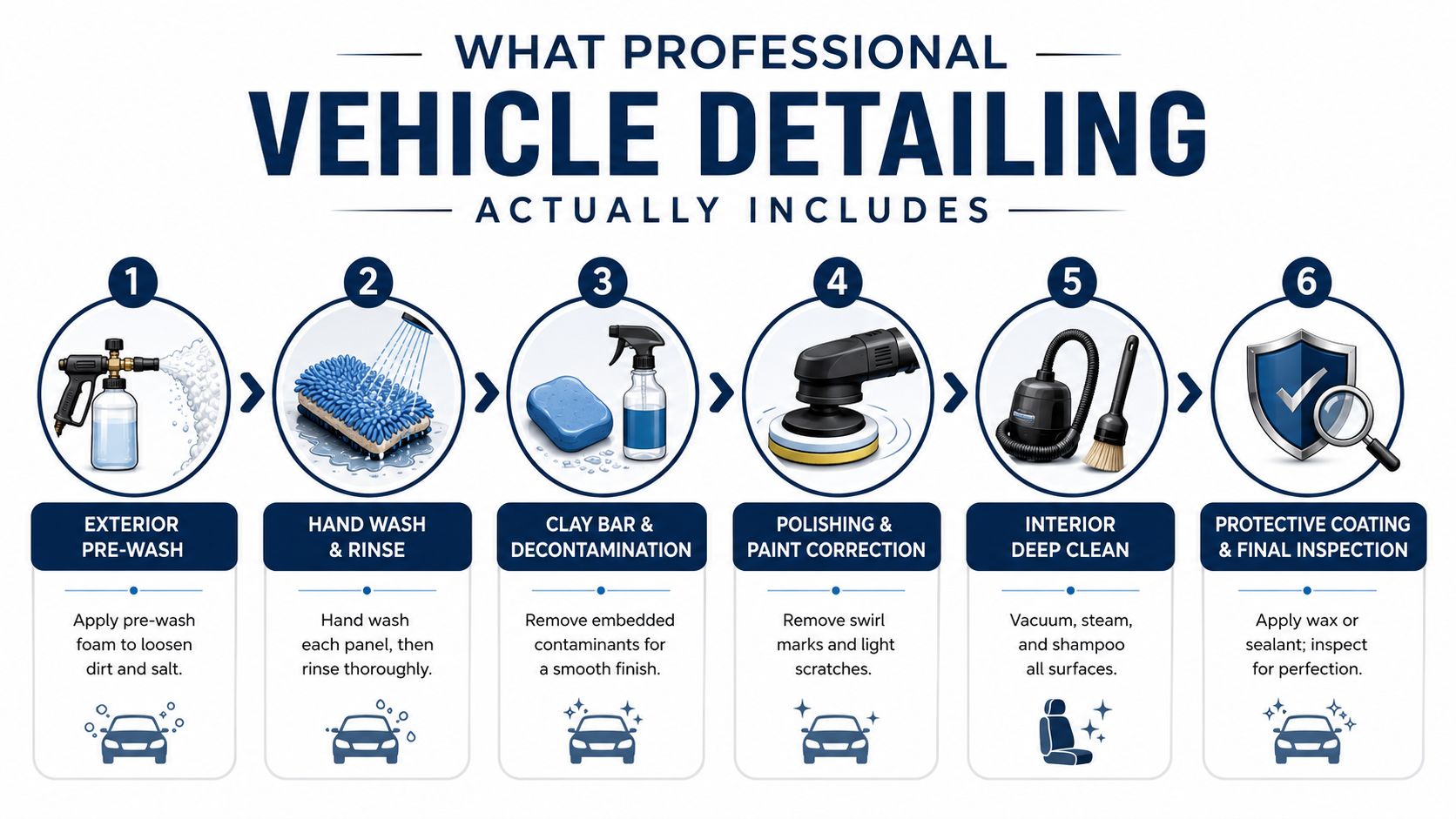 An infographic showing the six step professional vehicle detailing process from exterior pre-wash to final protective coating.