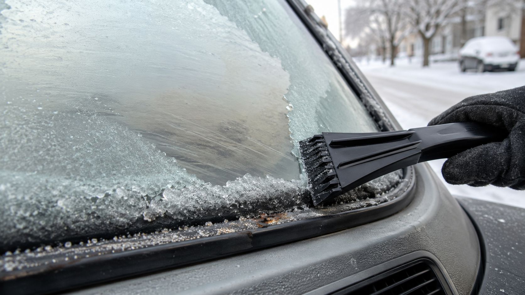 A person wearing a glove using a plastic ice scraper to remove ice from a car windshield.