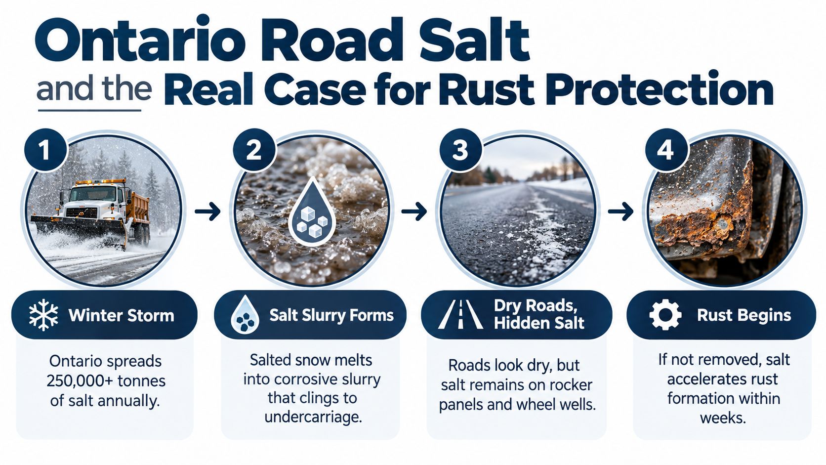 A diagram illustrating the four-step process of how road salt causes vehicle rust during winter in Ontario.