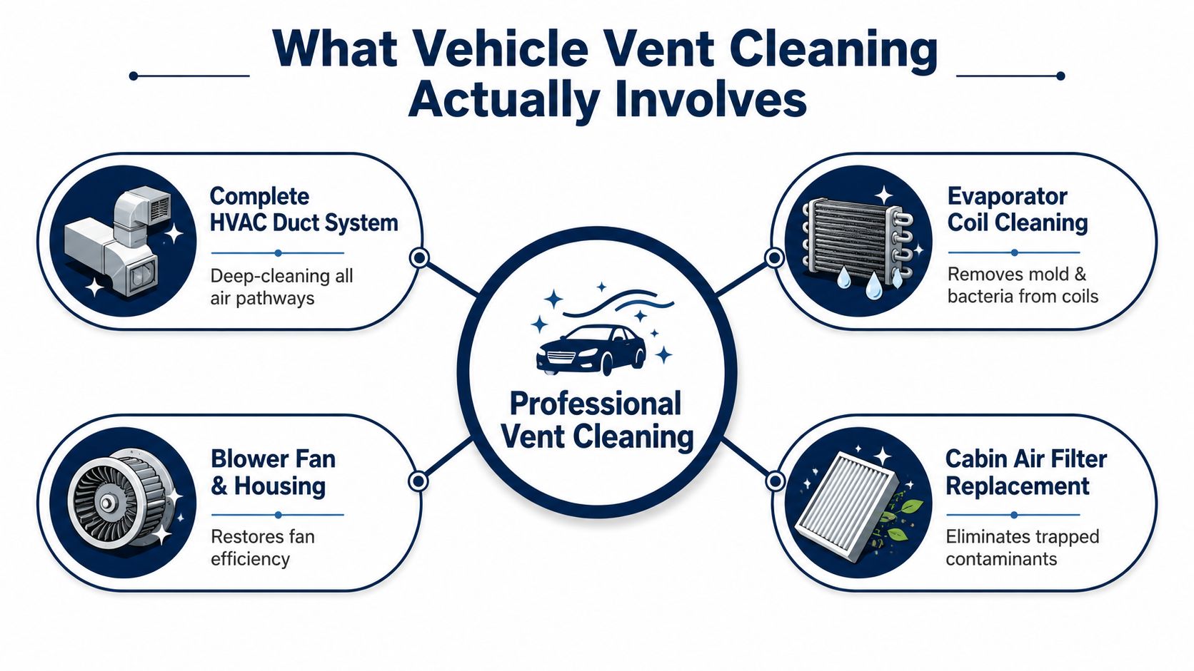 A professional infographic illustrating the components involved in comprehensive vehicle vent cleaning services for cars.