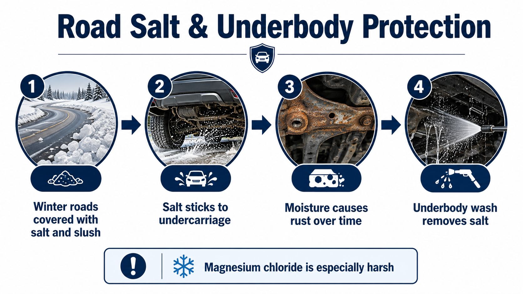 An infographic showing how road salt causes underbody vehicle rust and the importance of washing car undercarriages.