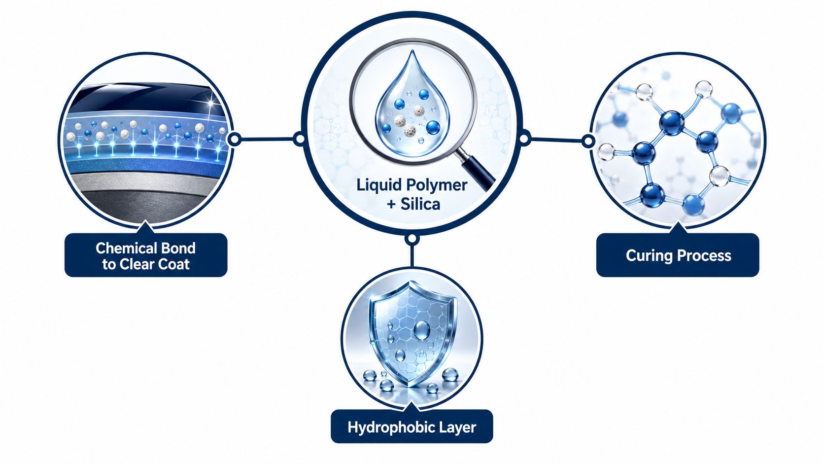A diagram illustrating the chemical bond, liquid polymer, curing process, and hydrophobic layer of ceramic coating.