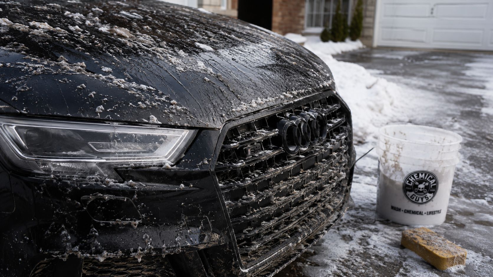 A dirty black Audi car covered in winter road salt and slush, sitting next to a bucket.