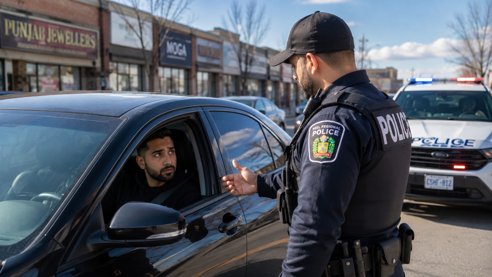 A police officer talks to a driver through the window of a car on a sunny street.