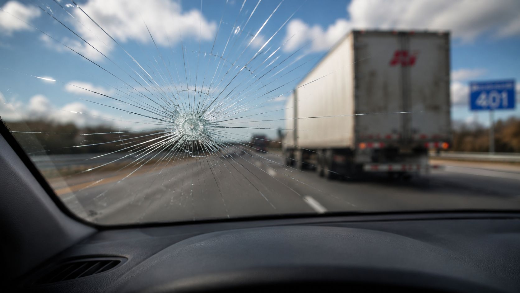 A cracked car windshield looking out at a large semi truck traveling on a highway.