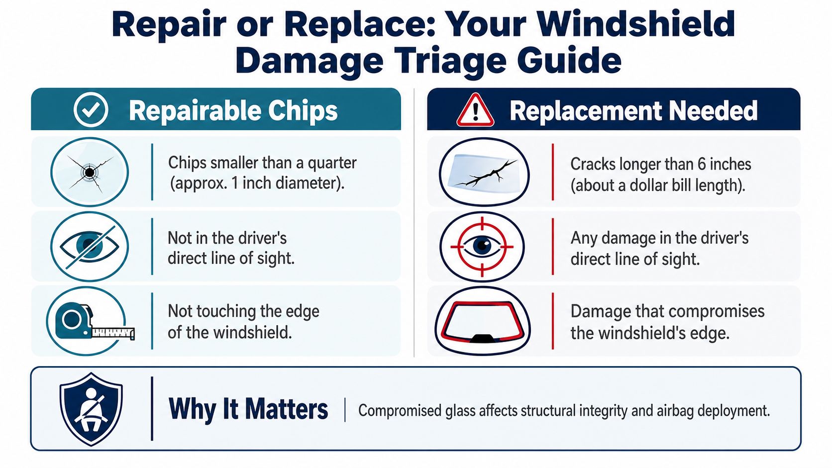 A repair or replace guide for vehicle windshield damage, outlining criteria for chips versus necessary full replacements.