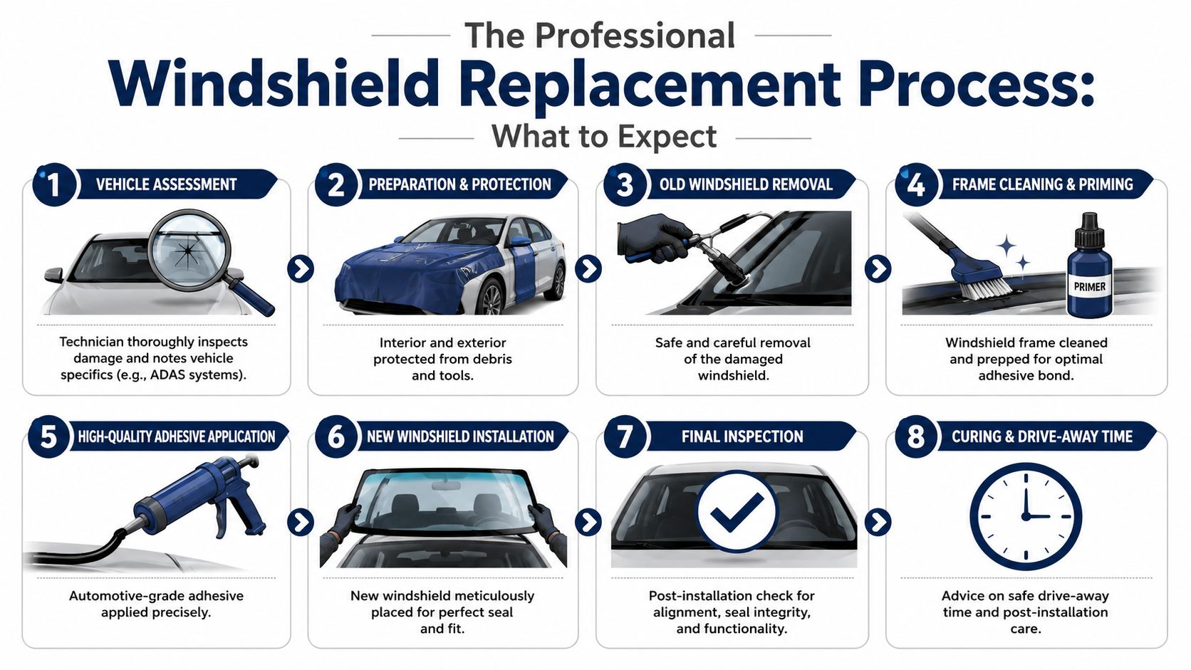An infographic showing the eight steps of the professional windshield replacement process for cars.
