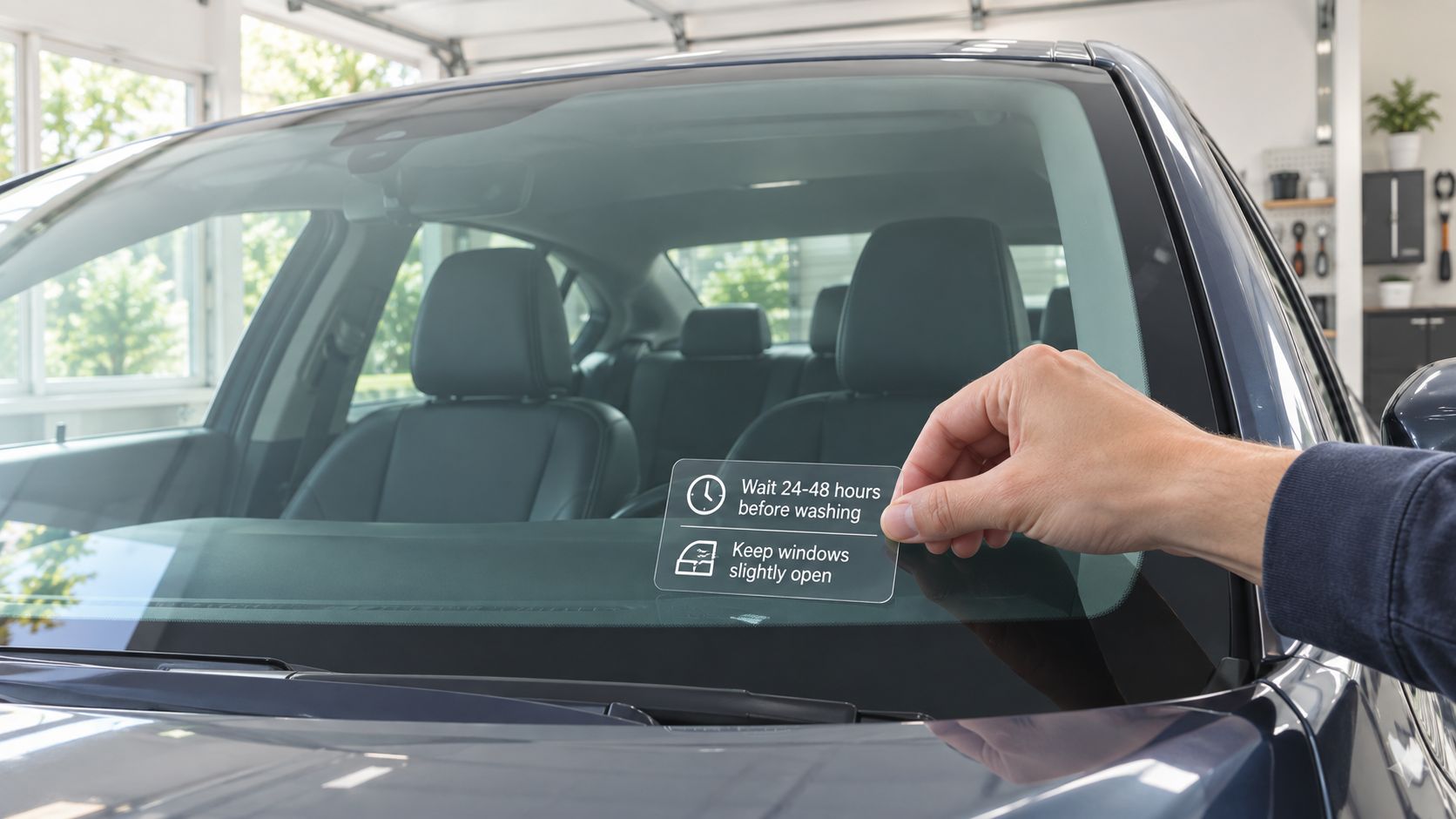 A technician places a sticker on a car windshield with instructions to wait before washing and keep windows open.