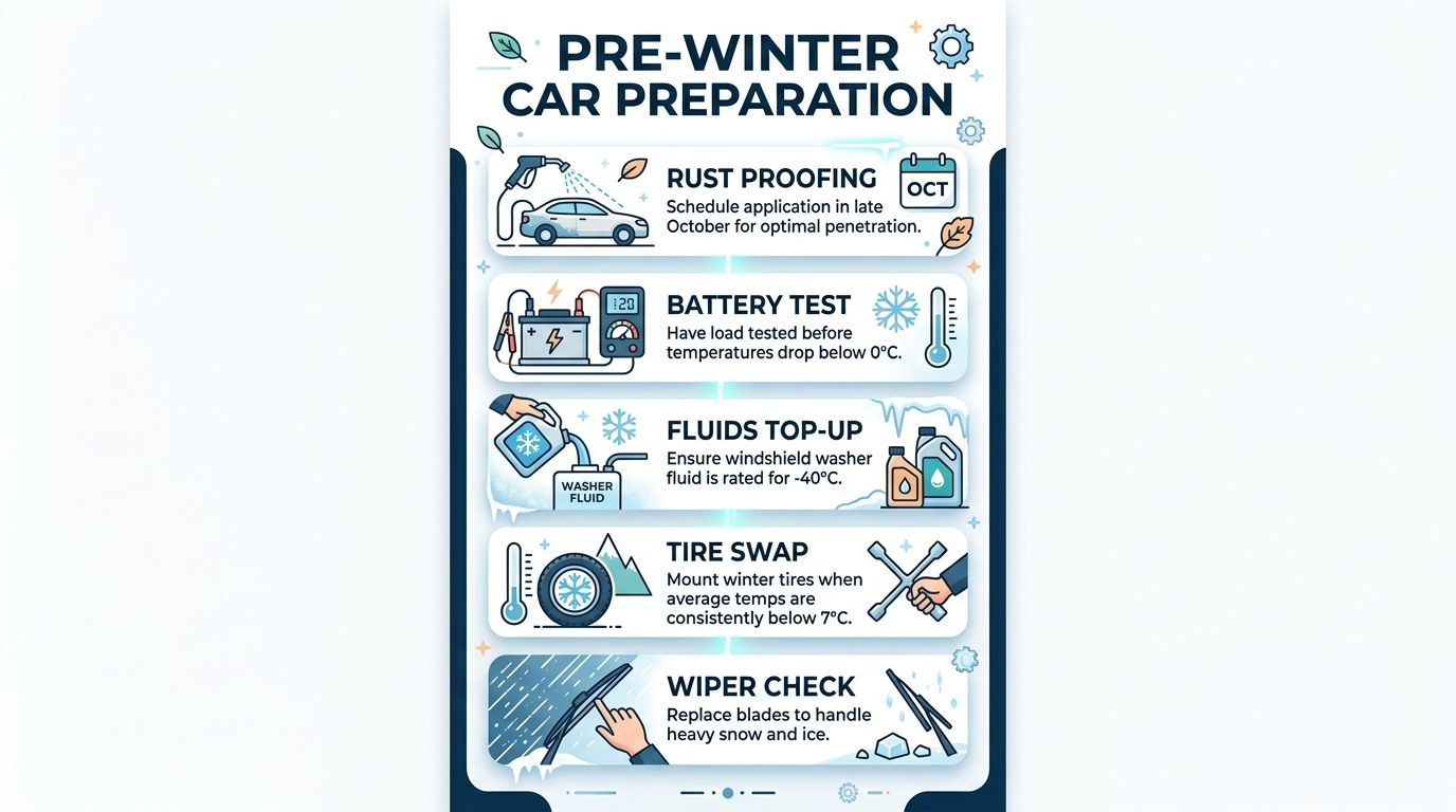 An infographic titled Pre-Winter Car Preparation illustrating five essential maintenance tips for colder weather.