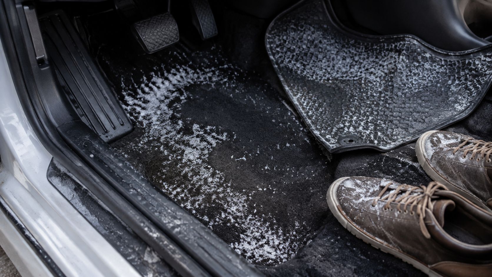 A car floor mat covered in melting snow and salt, next to a pair of winter shoes.