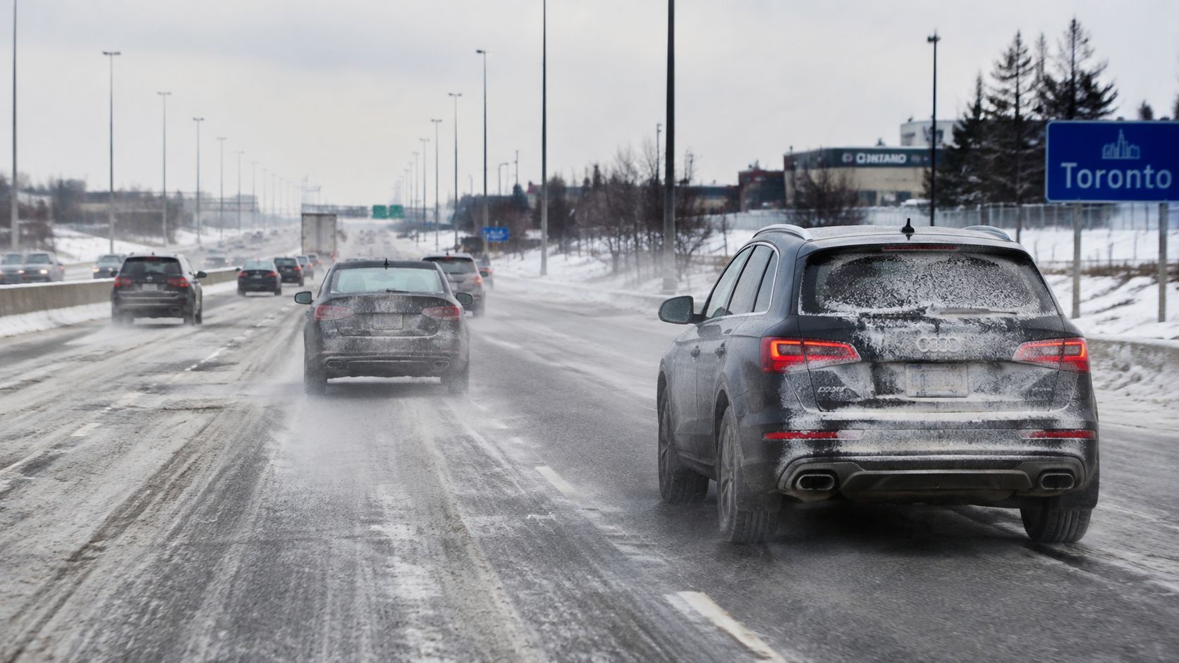 A line of vehicles driving on a snow-covered highway in winter conditions near Toronto, Canada.