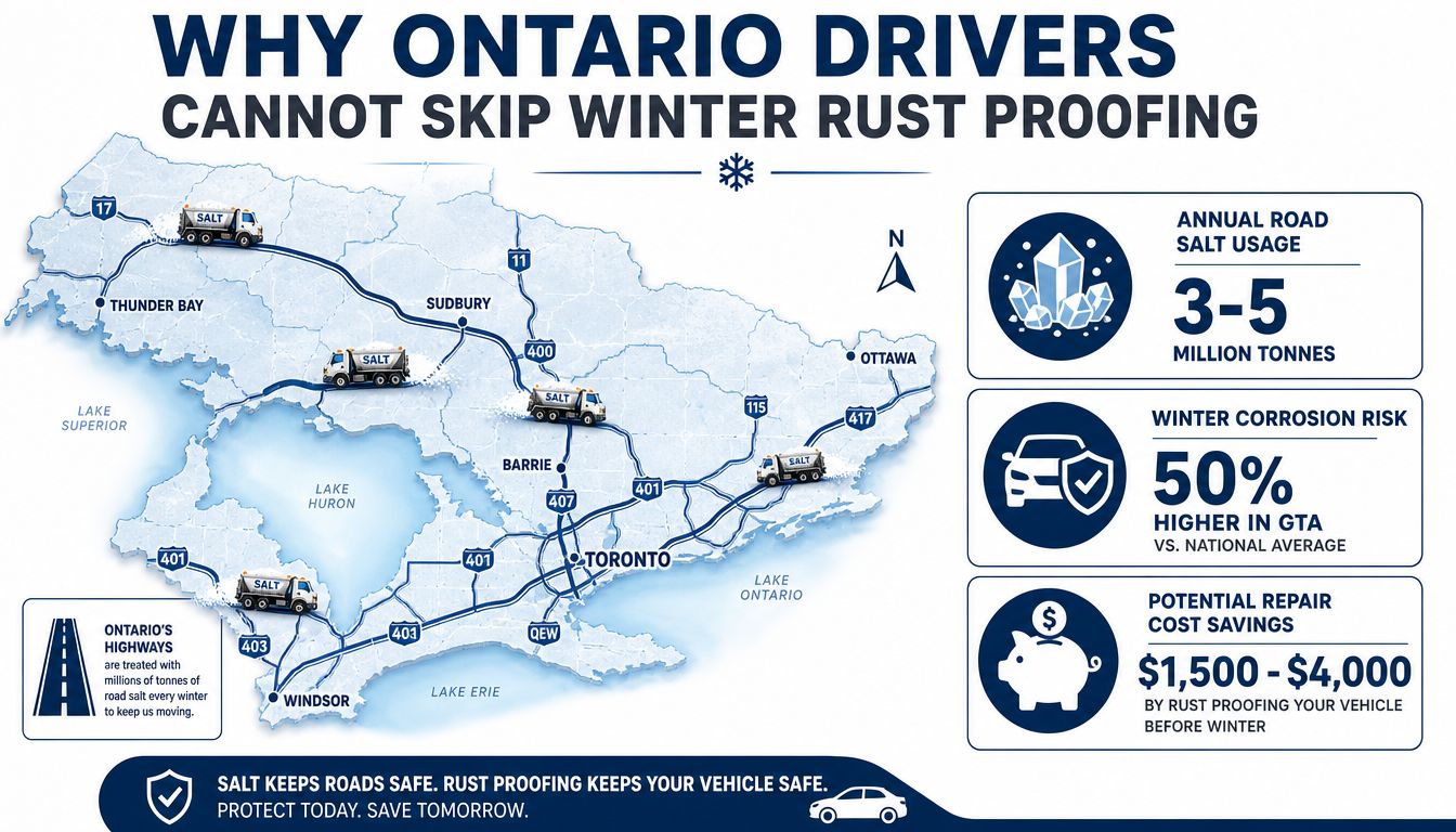An infographic showing Ontario's heavy road salt usage and the benefits of vehicle rust proofing for drivers.