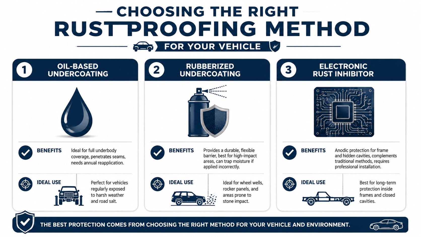 An infographic showing three different rust proofing methods for vehicles: oil-based, rubberized, and electronic rust inhibitors.