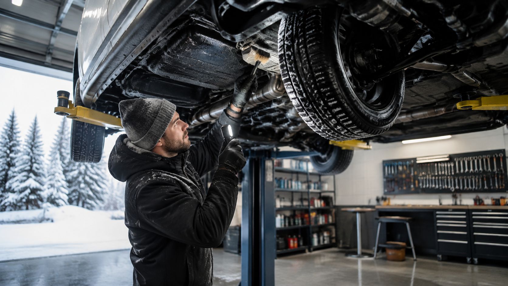 A professional mechanic in a winter coat performing rust proofing maintenance on a car undercarriage in a garage.