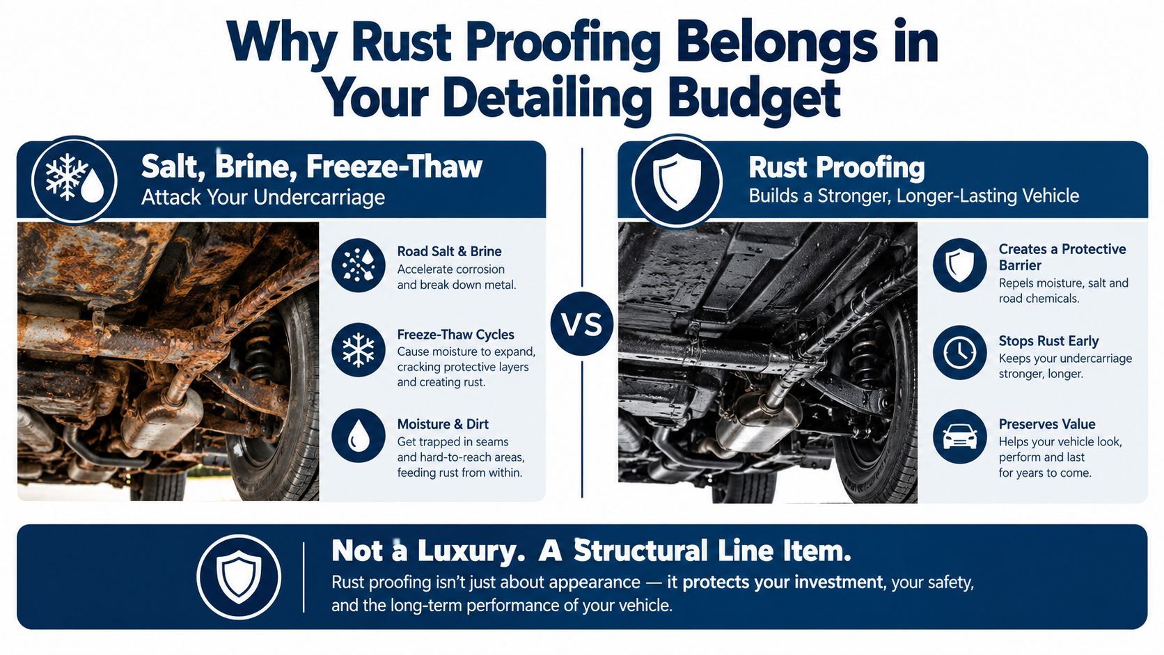 A comparison infographic showing a rusted vehicle undercarriage versus a clean rust-proofed undercarriage for maintenance.