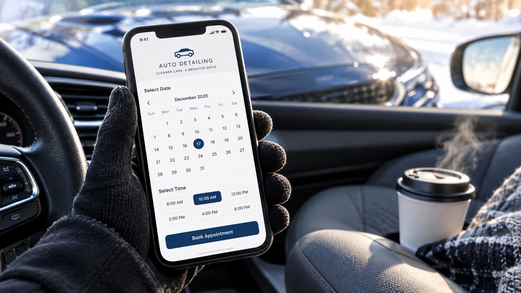A person in gloves holding a smartphone displaying an auto detailing appointment booking app inside a car.