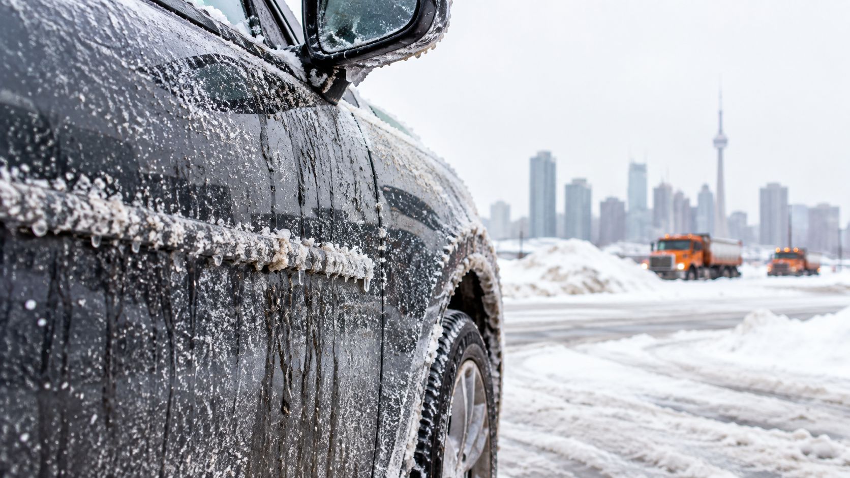 A close-up view of a car covered in ice during winter in Toronto with skyline background
