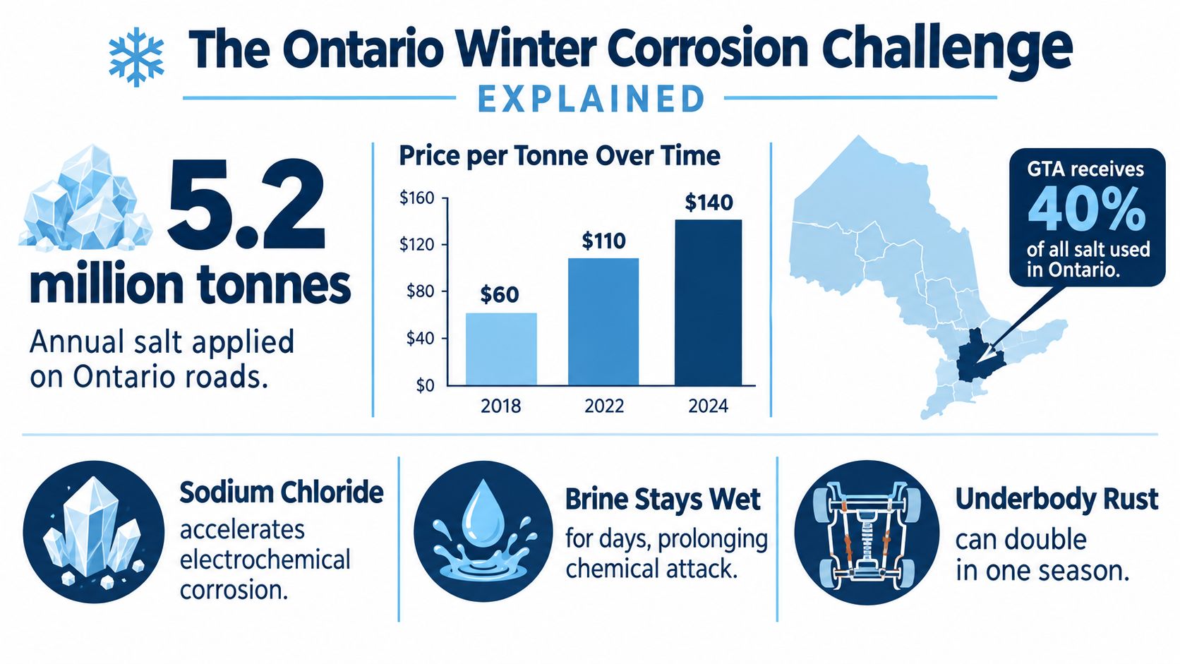 An infographic showing the environmental and financial impact of road salt corrosion on vehicles in Ontario.