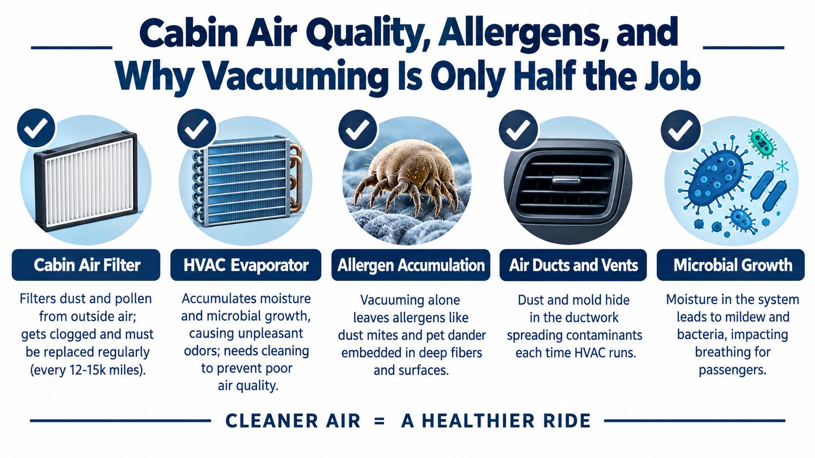 An infographic showing five key components of vehicle cabin air quality and why professional cleaning is necessary.