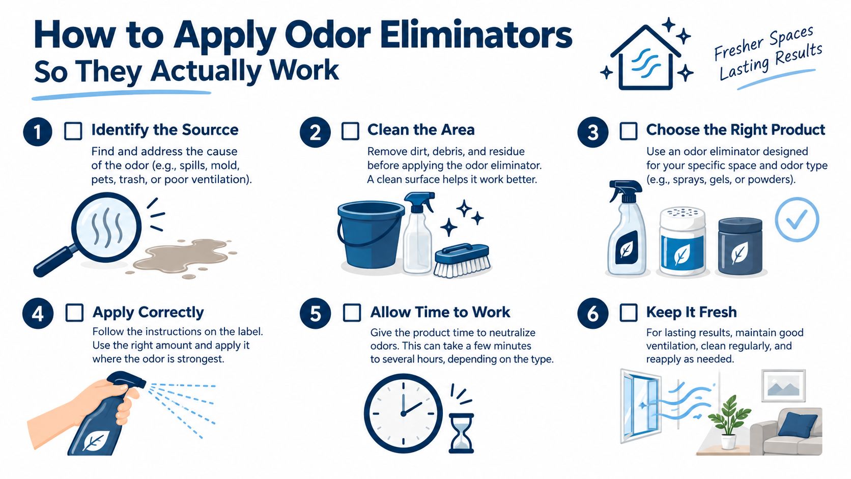 An infographic titled How to Apply Odor Eliminators featuring six numbered steps for removing bad smells effectively.