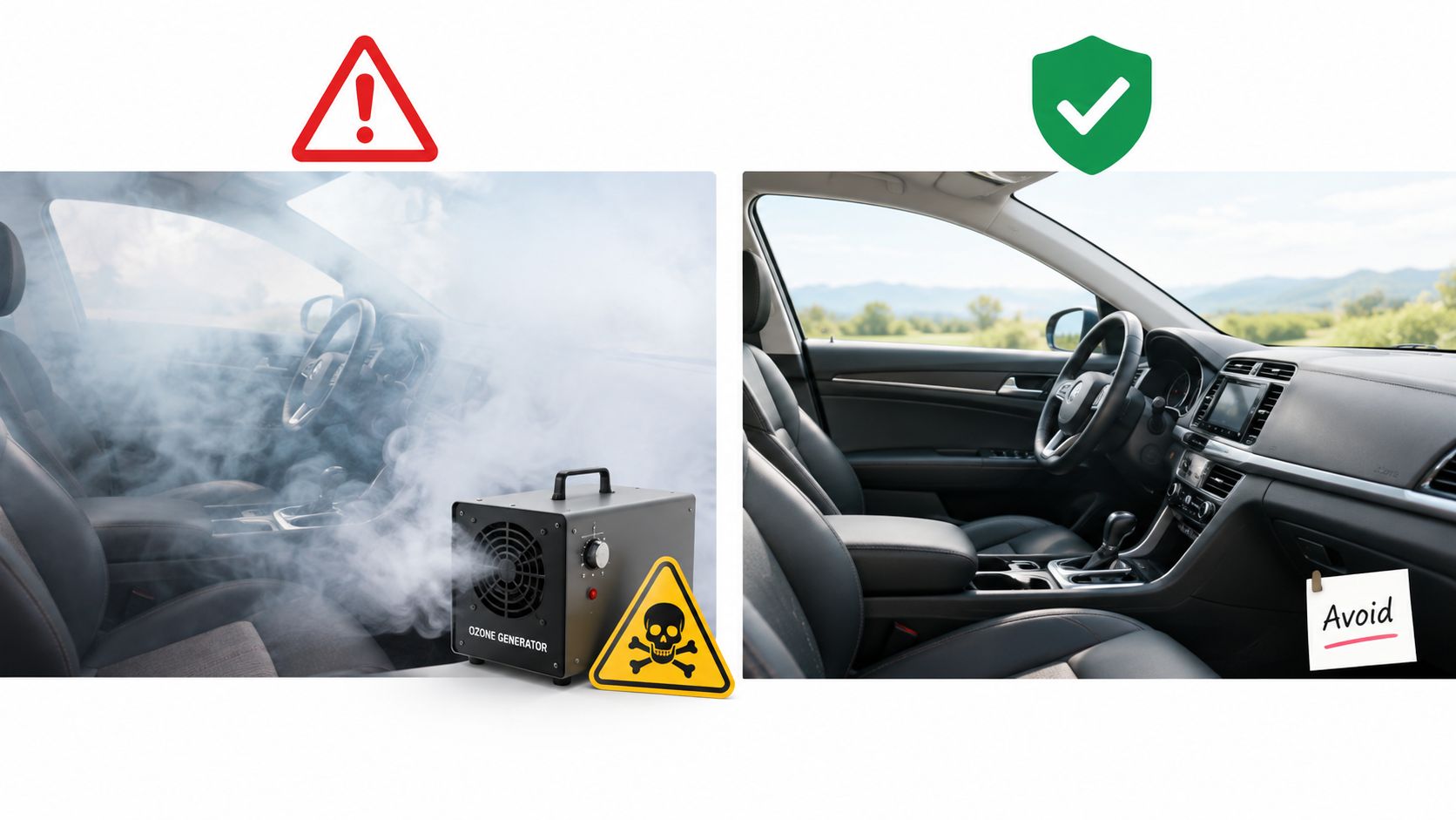 A comparison showing an ozone generator filling a car interior with toxic gas versus a clean interior.