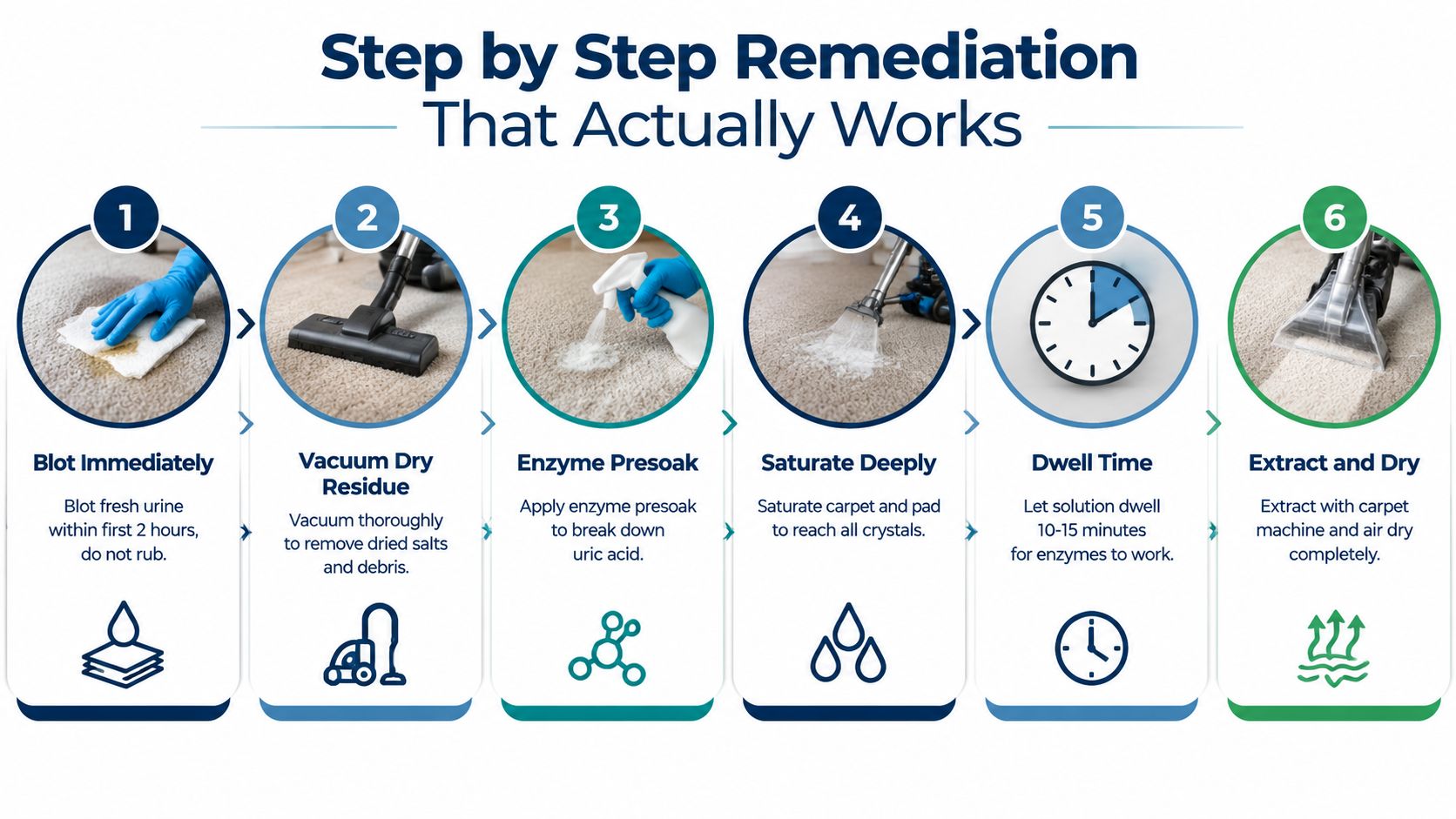 A step-by-step infographic showing how to clean pet urine stains from a carpet using professional techniques.