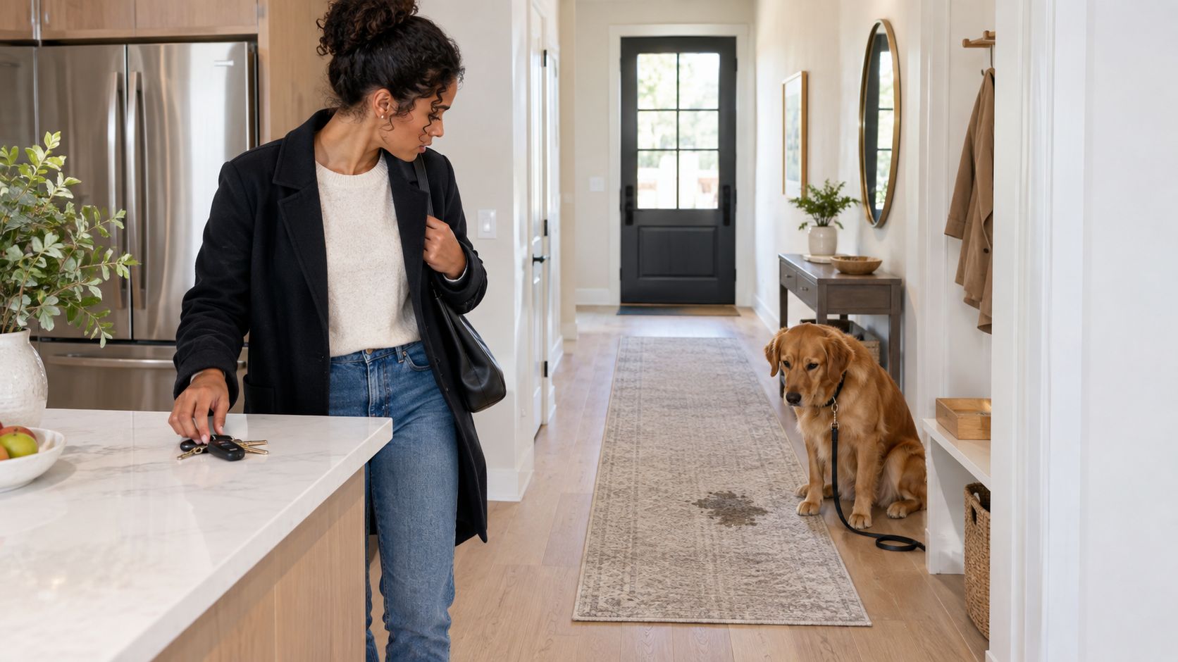 A woman looks concerned at a puddle of pet urine on a rug next to a guilty dog.