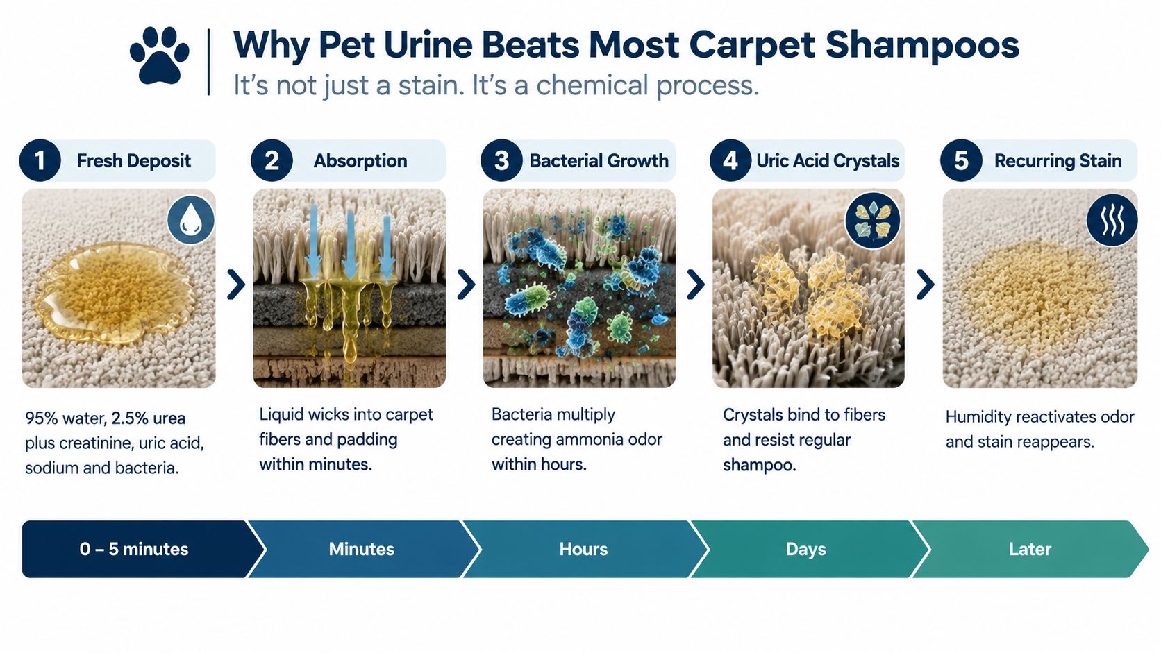 An infographic showing the five-stage chemical process of why pet urine stains reappear in carpet fibers.