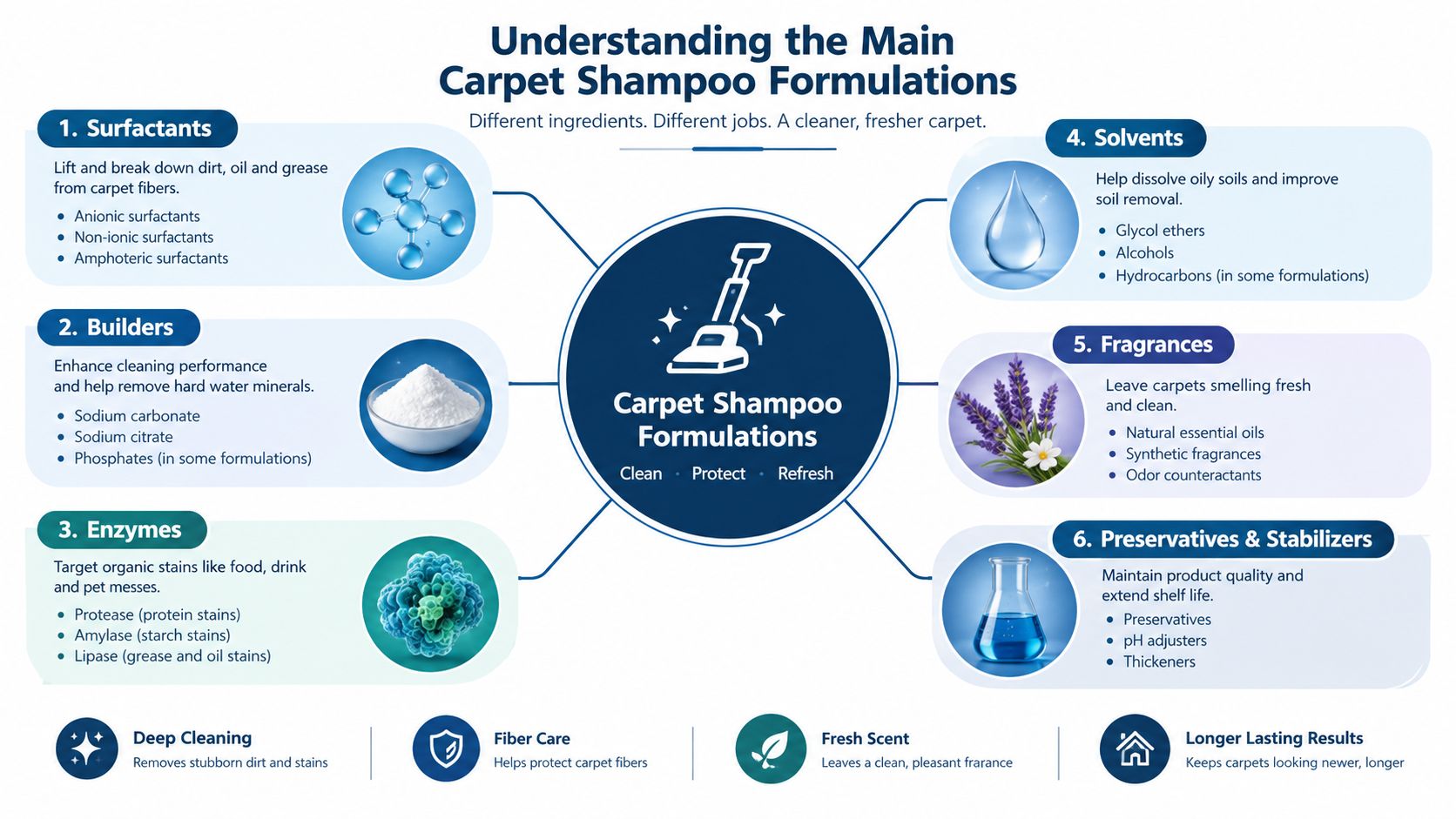 An infographic titled Understanding the Main Carpet Shampoo Formulations showing the six key chemical ingredients in cleaners.