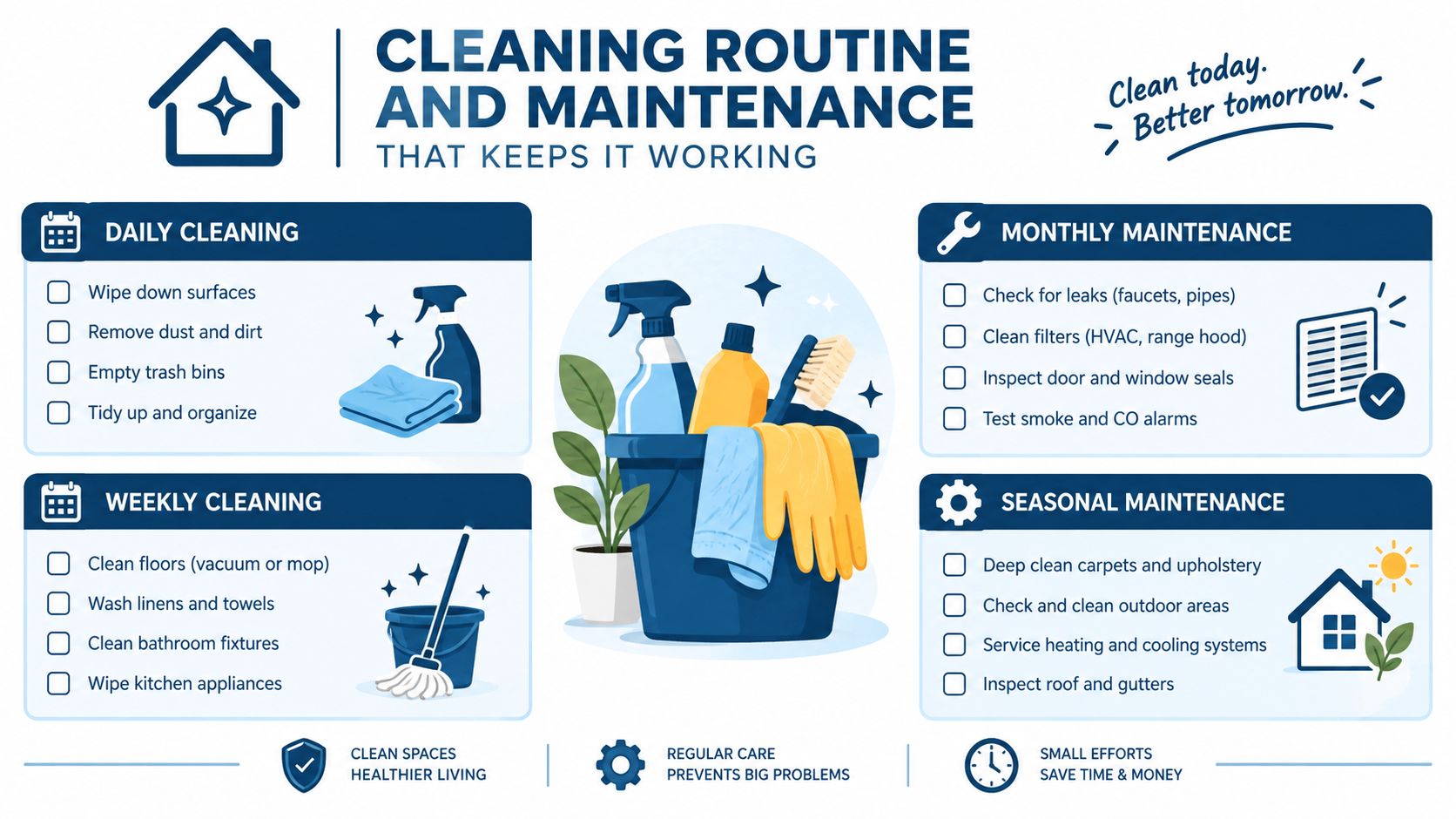 An infographic titled Cleaning Routine and Maintenance outlining daily, weekly, monthly, and seasonal household chore checklists.