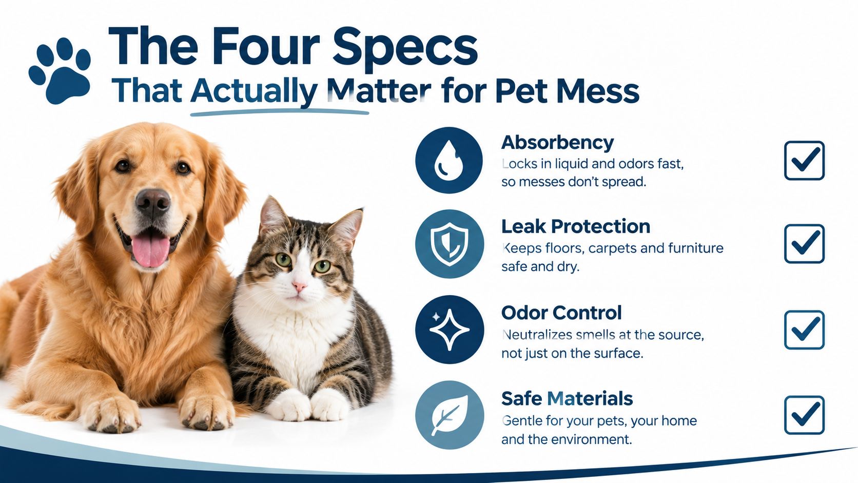 A golden retriever and a tabby cat sitting together next to a list of four pet care product features.