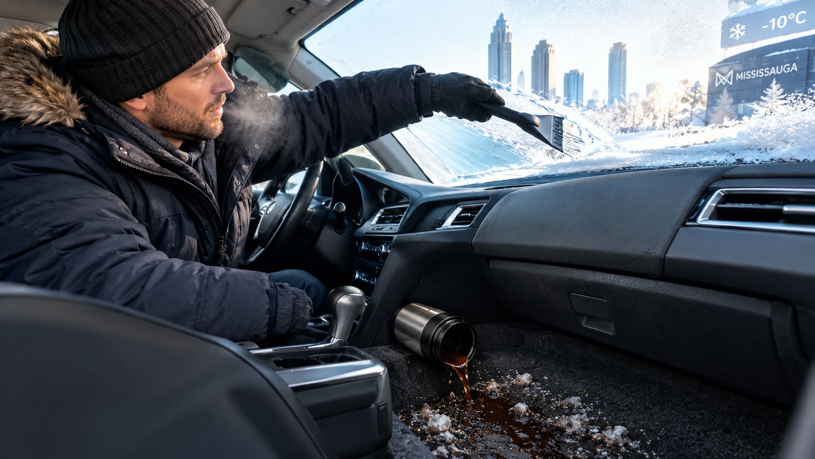 A man scraping ice off his car windshield while his coffee spills onto the vehicle floor mats.