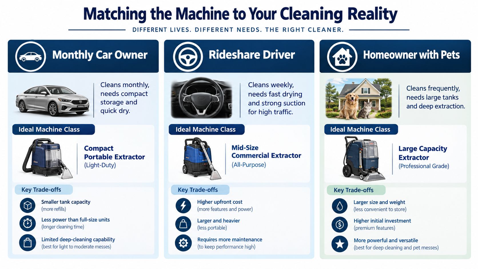 A comparison chart highlighting the best carpet shampooing machine types based on specific user cleaning needs.