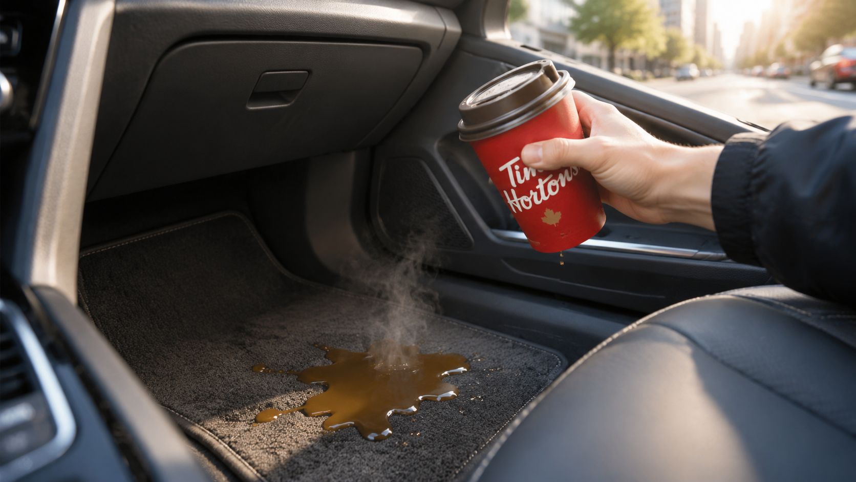 A hand holds a Tim Hortons coffee cup, accidentally spilling hot liquid onto the car floor mat.