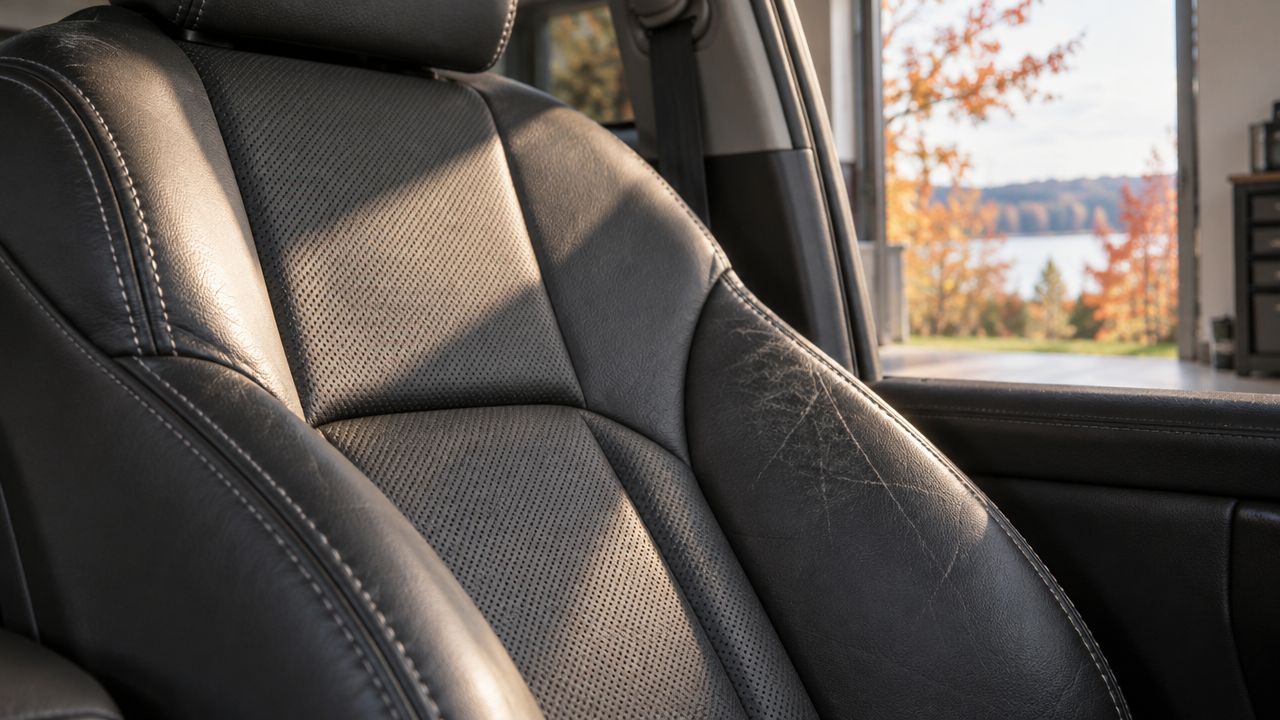 A close-up view of a worn black leather car seat with visible creases and light wear.
