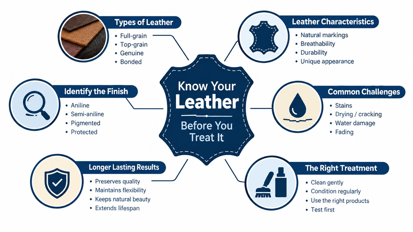 An infographic titled Know Your Leather Before You Treat It, detailing types, characteristics, finishes, and treatment advice.