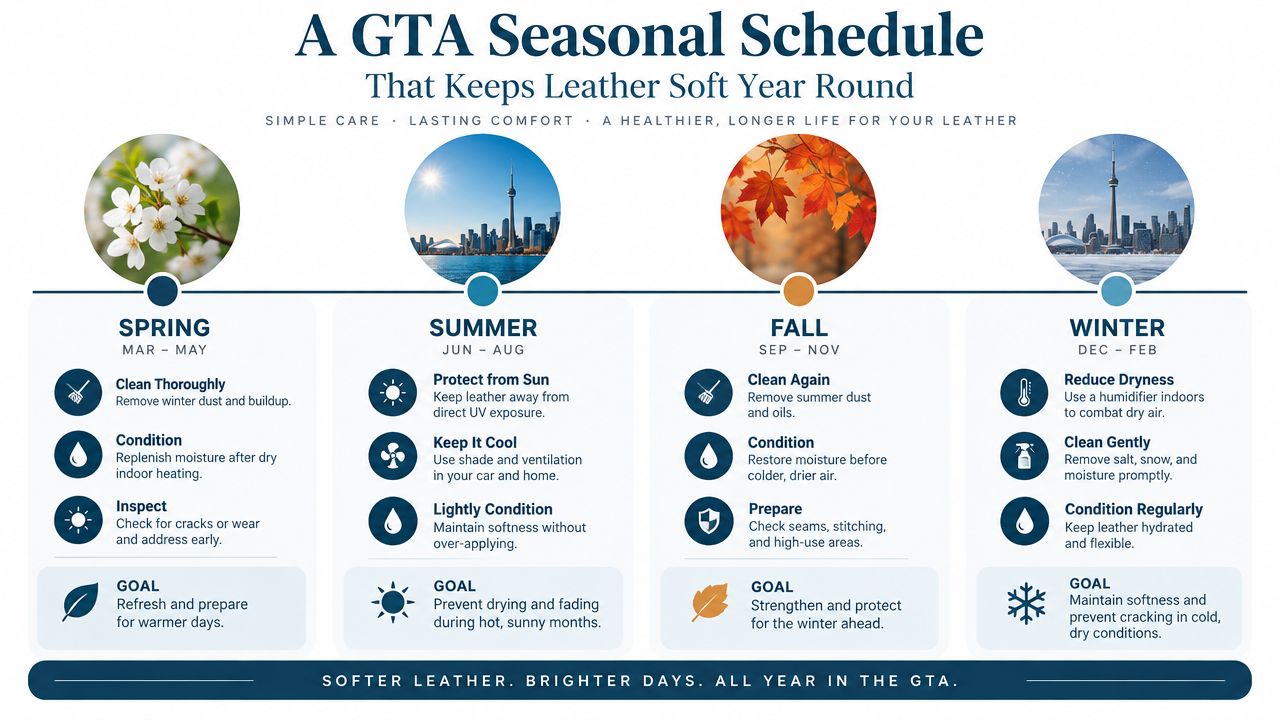 A seasonal leather care infographic guide with advice for maintaining leather furniture throughout the year in Toronto.