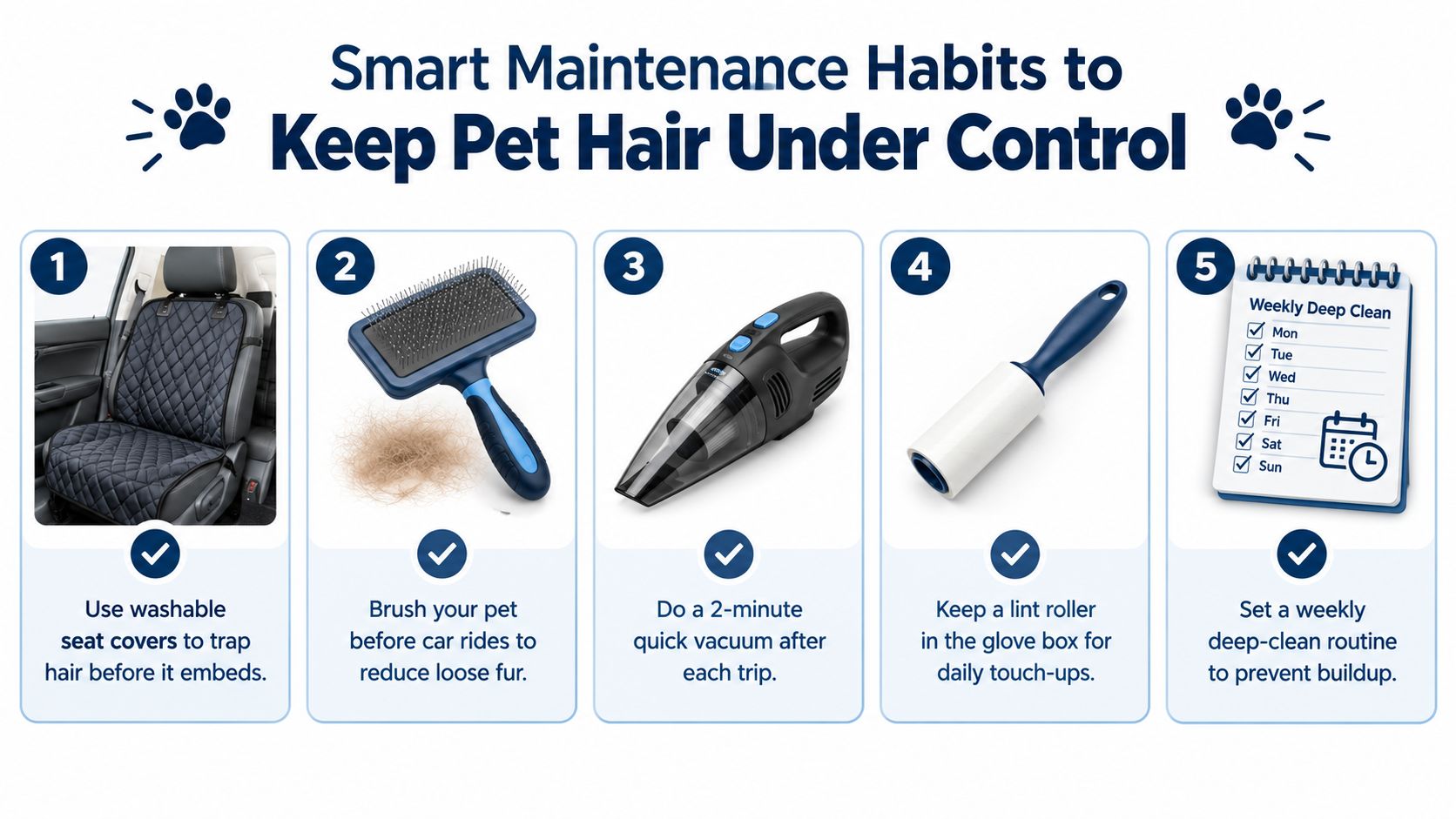 An infographic showing five smart maintenance habits to help car owners control and remove pet hair effectively.