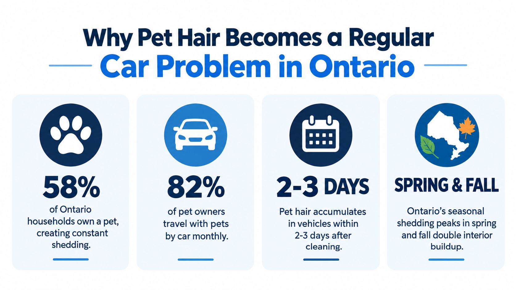 An infographic titled Why Pet Hair Becomes a Regular Car Problem in Ontario explaining shedding statistics.