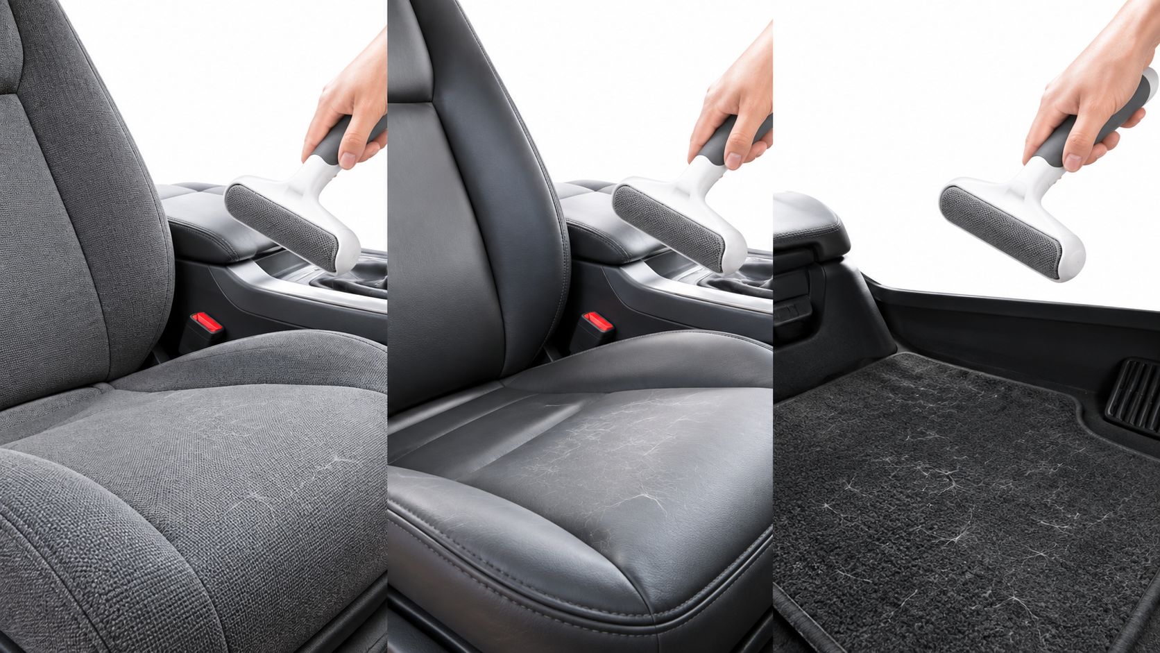 A hand using a pet hair remover tool to clean upholstery and car mats in a vehicle.