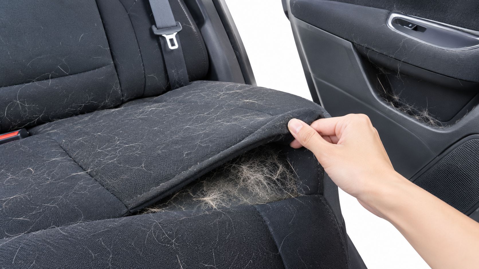 A hand peeling back a flap of a car seat covered in significant amounts of pet hair.
