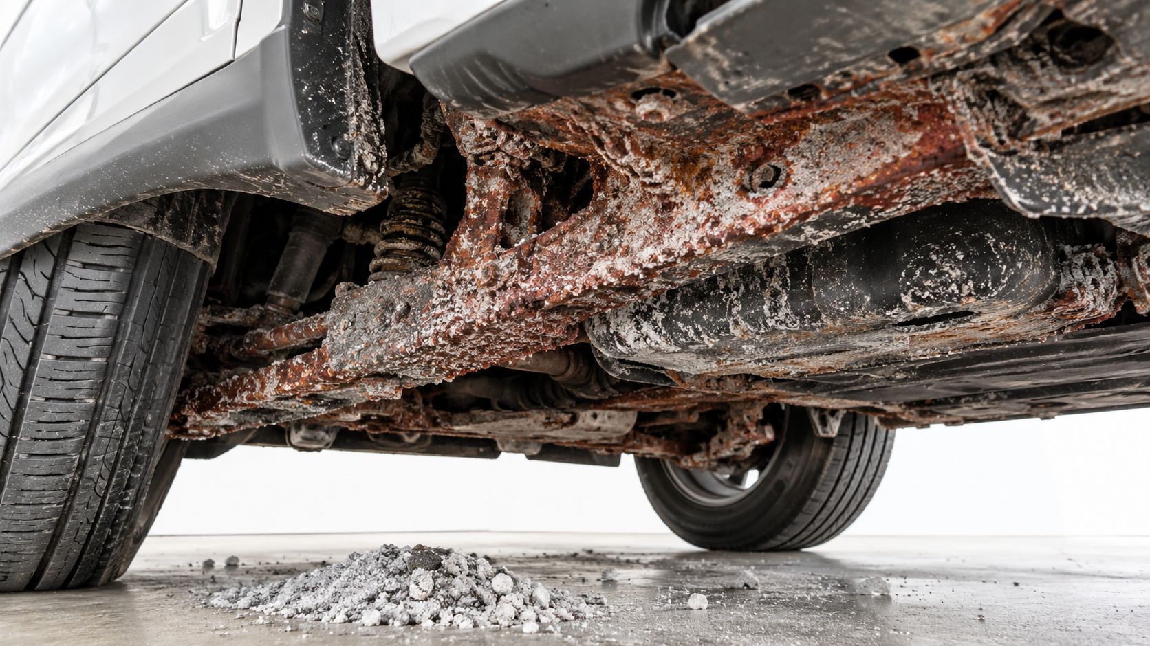 Severely corroded vehicle undercarriage covered in rust and road salt deposits, shown from a low angle.