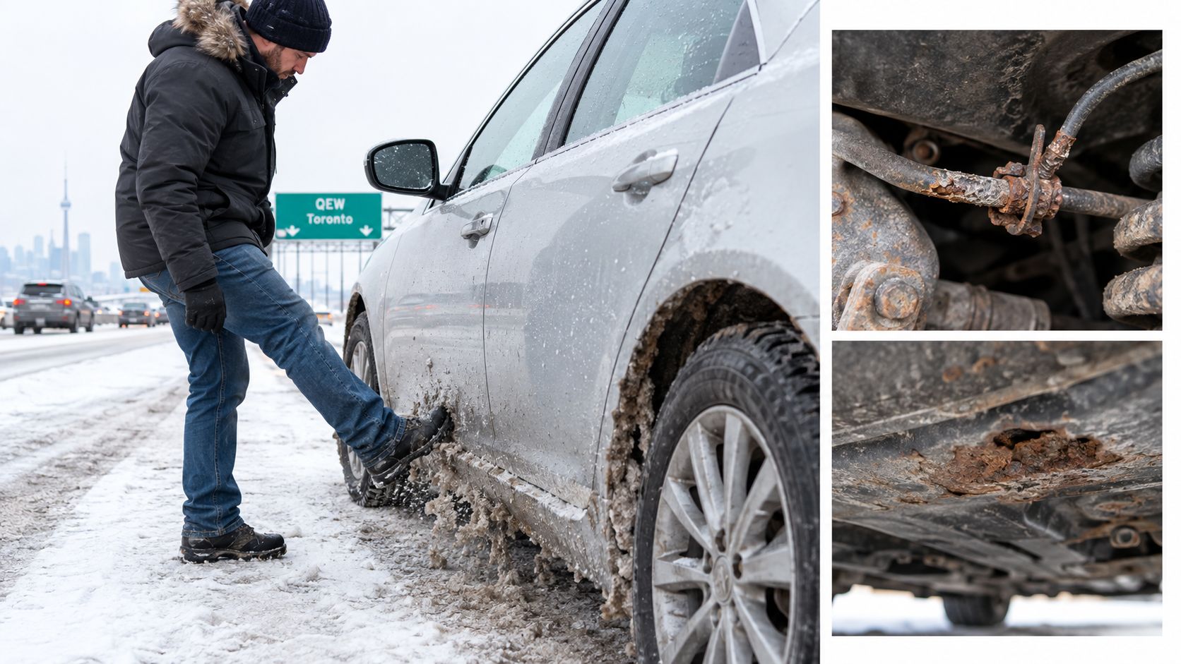 A man kicks snow off a vehicle side panel, showing vehicle rust issues from road salt accumulation.